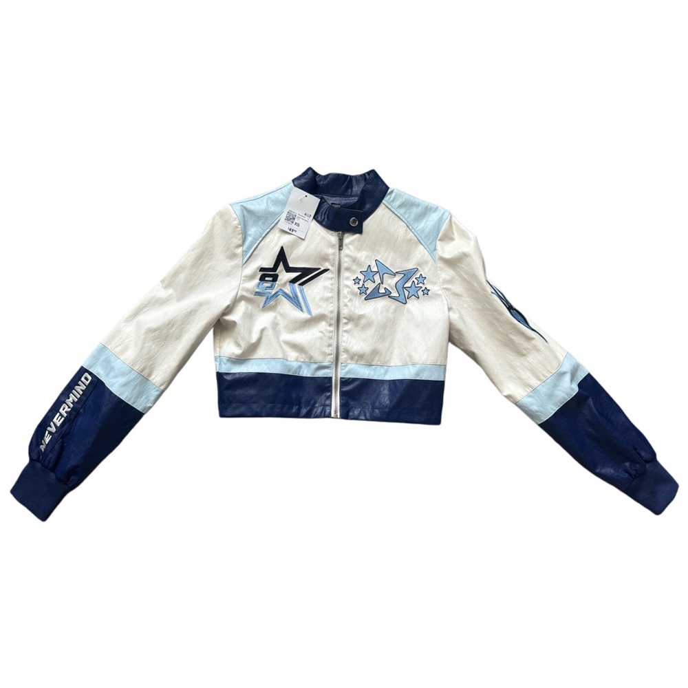 Forever 21 White and Blue Star Embroidered Motorcycle Jacket - NEW WITH TAGS